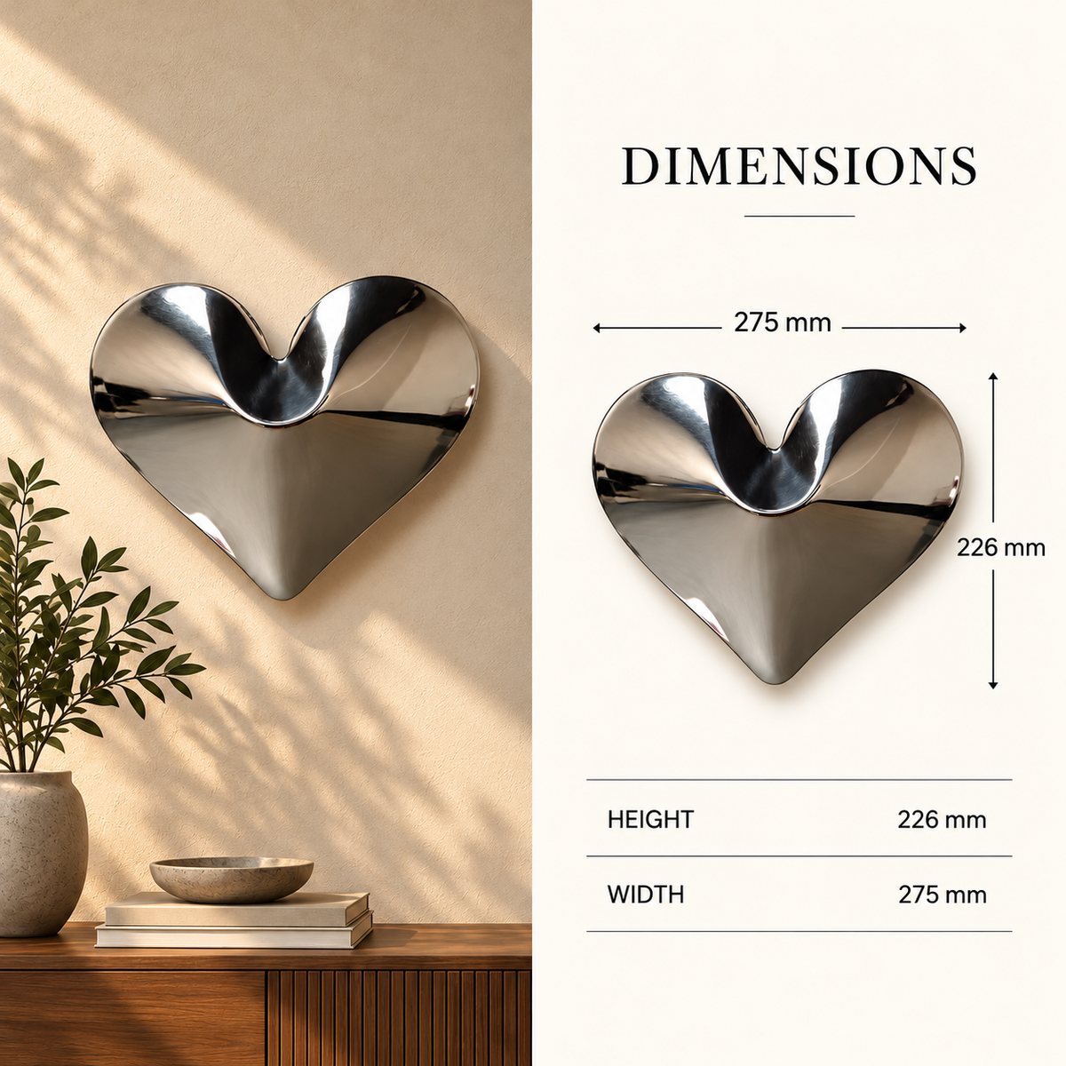 Amore Wall Sculpture — mirror-finish stainless steel heart wall decor by AERIS LIVING (view 5)
