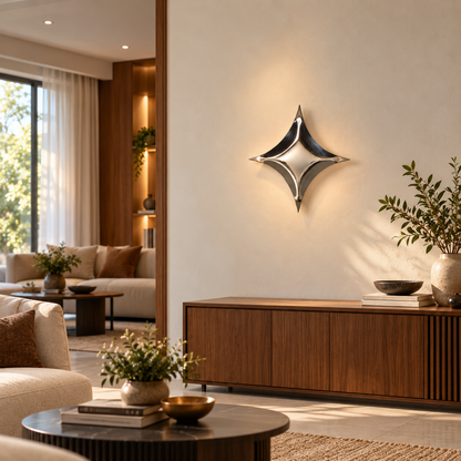 Astra Wall Sculpture — mirror-finish stainless steel four-point star wall decor by AERIS LIVING (view 4)