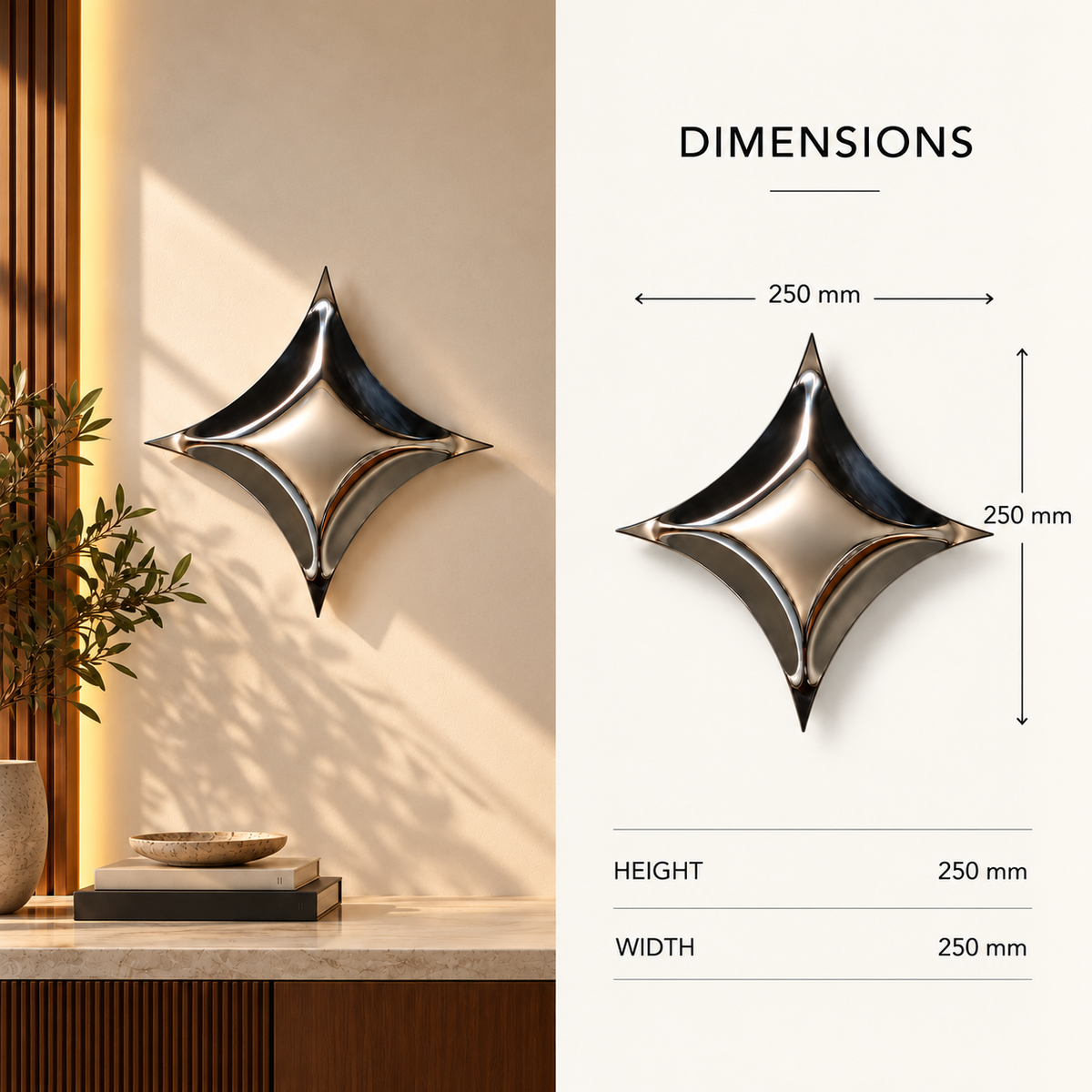 Astra Wall Sculpture — mirror-finish stainless steel four-point star wall decor by AERIS LIVING (view 5)