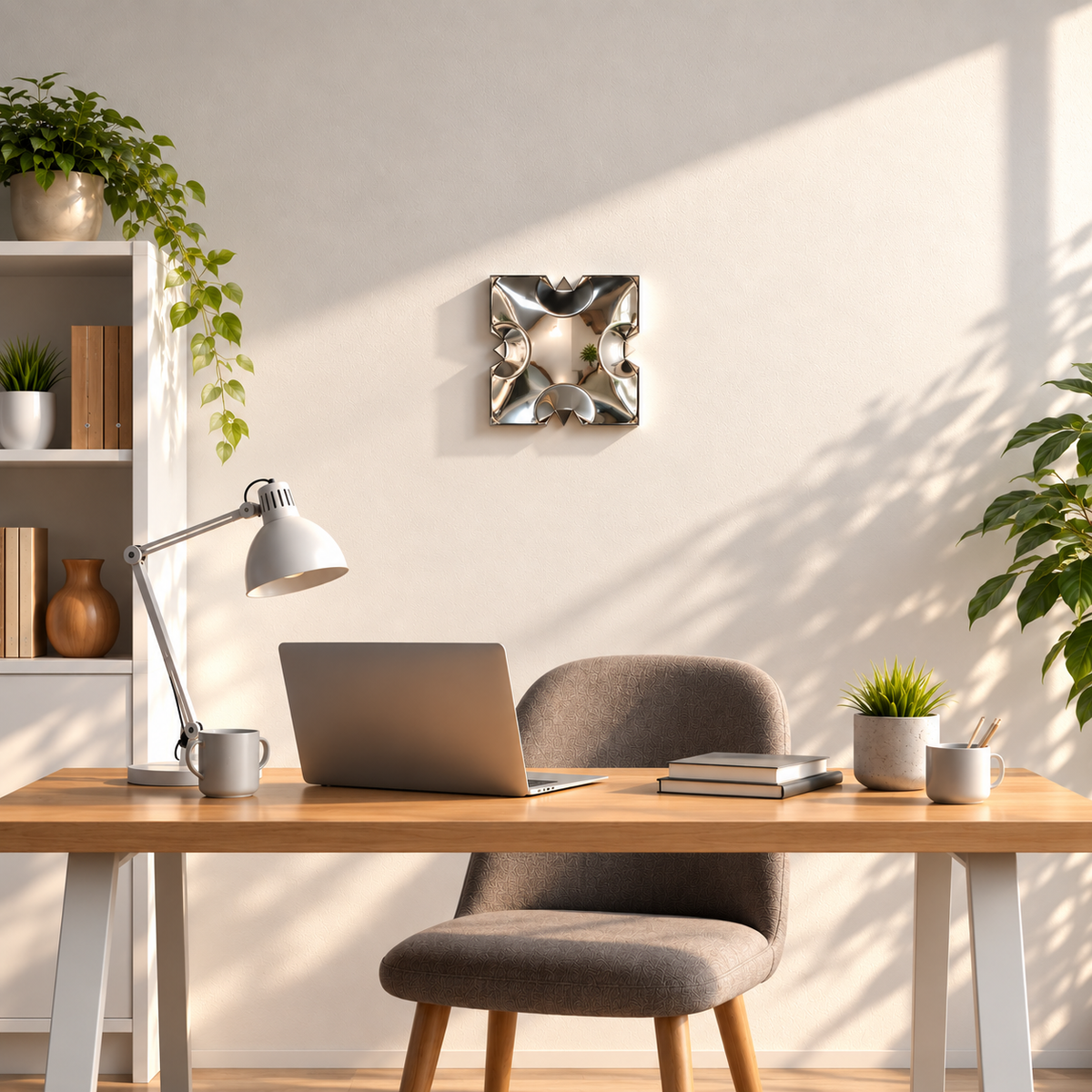 Crest Wall Sculpture — mirror-finish stainless steel scalloped square wall decor by AERIS LIVING (view 4)