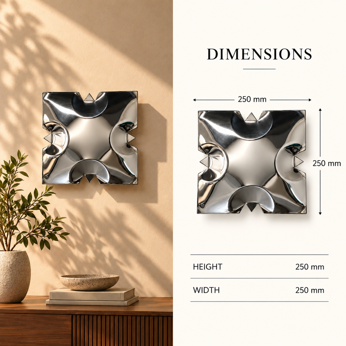 Crest Wall Sculpture — mirror-finish stainless steel scalloped square wall decor by AERIS LIVING (view 7)