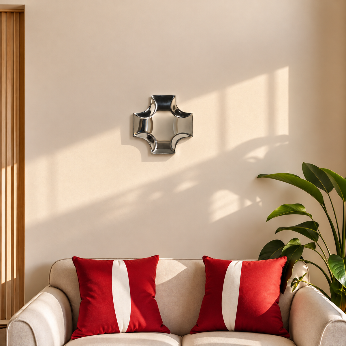 Quadra Wall Sculpture — mirror-finish stainless steel quatrefoil cross wall decor by AERIS LIVING (view 2)