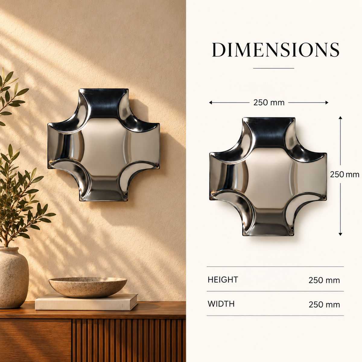 Quadra Wall Sculpture — mirror-finish stainless steel quatrefoil cross wall decor by AERIS LIVING (view 6)