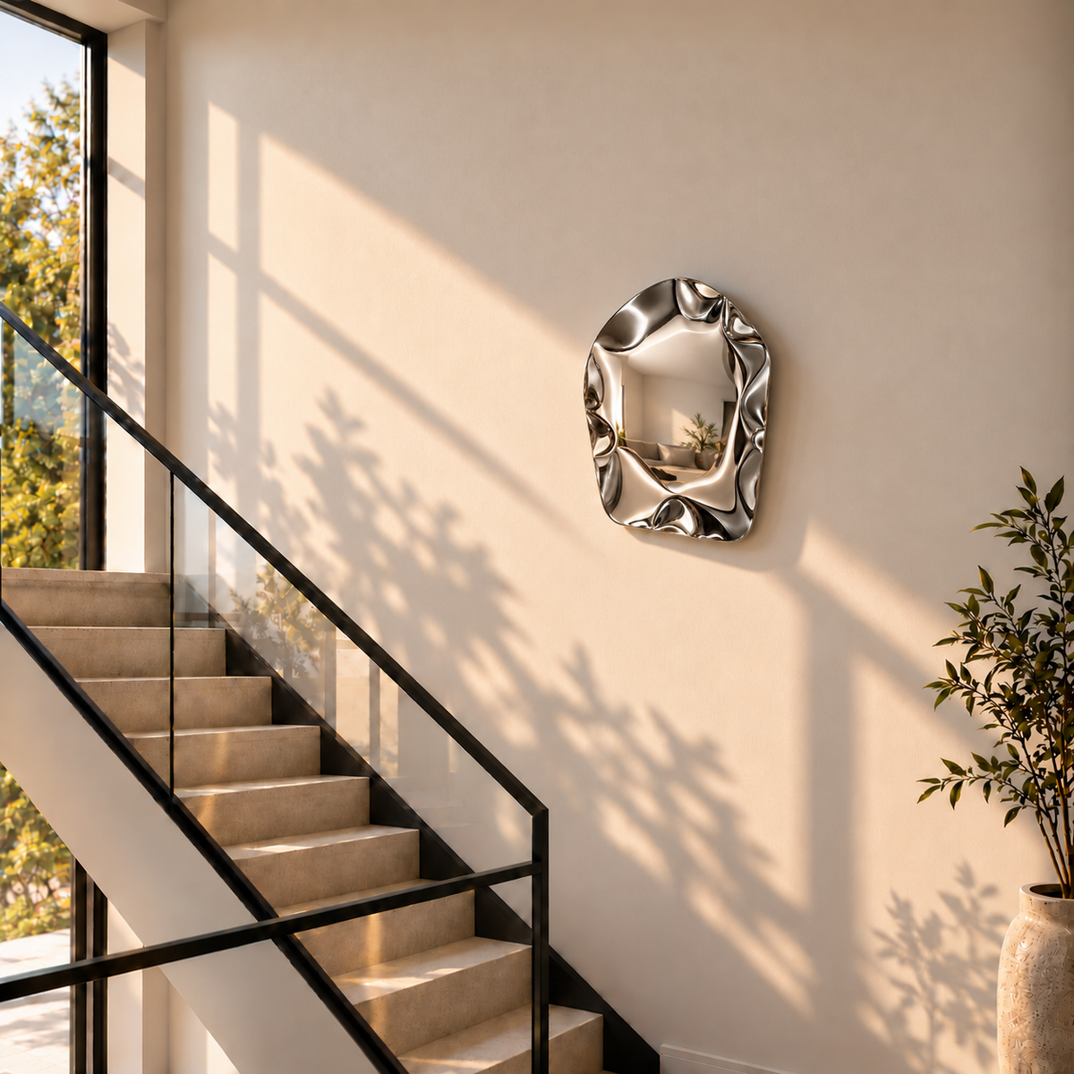 Ripple Wall Sculpture — mirror-finish stainless steel organic pebble wall decor by AERIS LIVING (view 2)