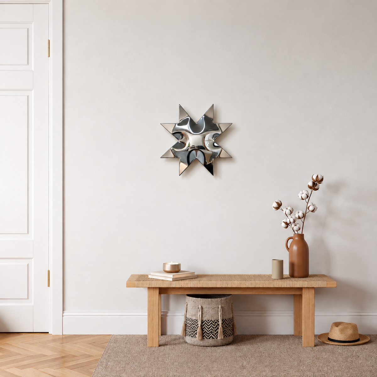 Solara Wall Sculpture — mirror-finish stainless steel eight-point star wall decor by AERIS LIVING (view 4)