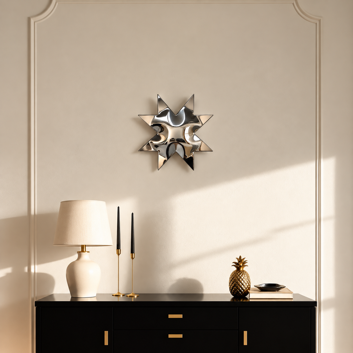 Solara Wall Sculpture — mirror-finish stainless steel eight-point star wall decor by AERIS LIVING (view 2)