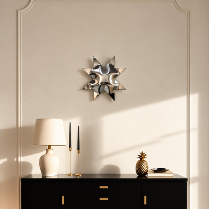 Solara Wall Sculpture — mirror-finish stainless steel eight-point star wall decor by AERIS LIVING (view 2)